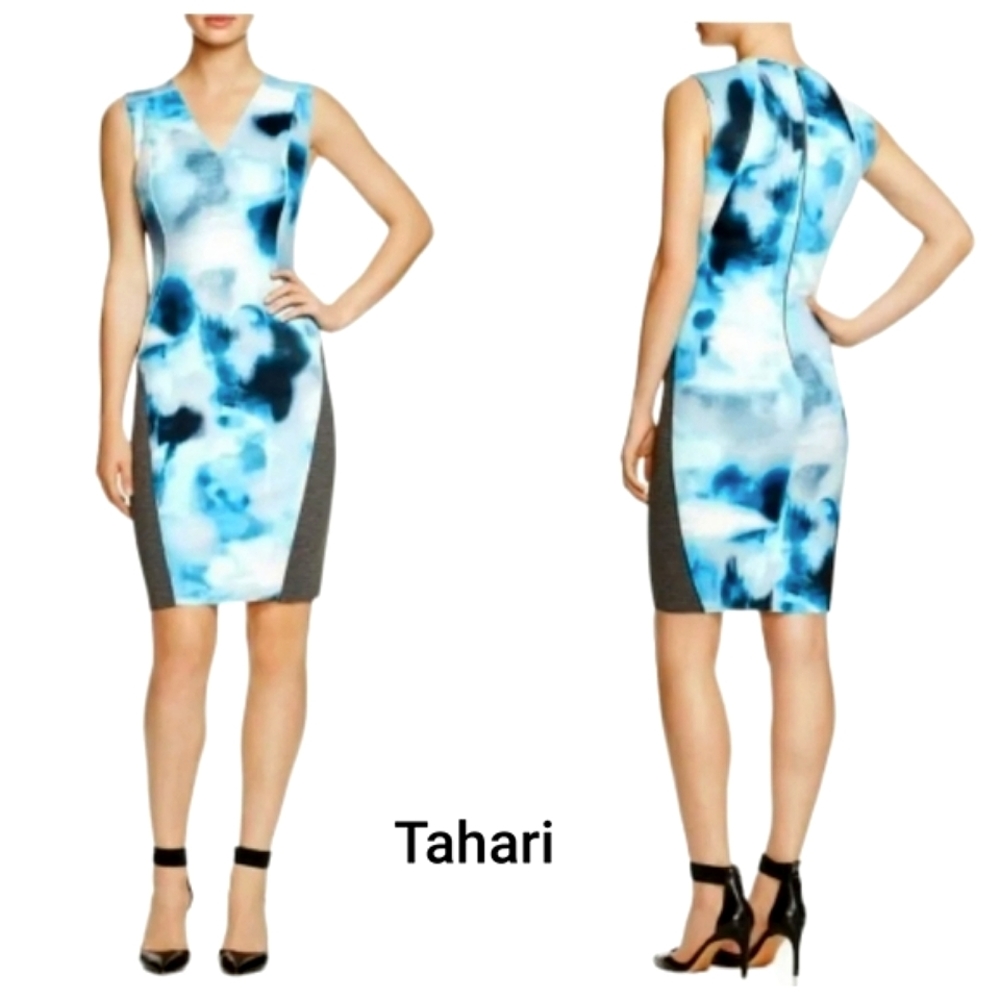 Tahari Nwot Blue/White/Gray Petunia Watercolor Sleeveless Raw hem Sheath Dress